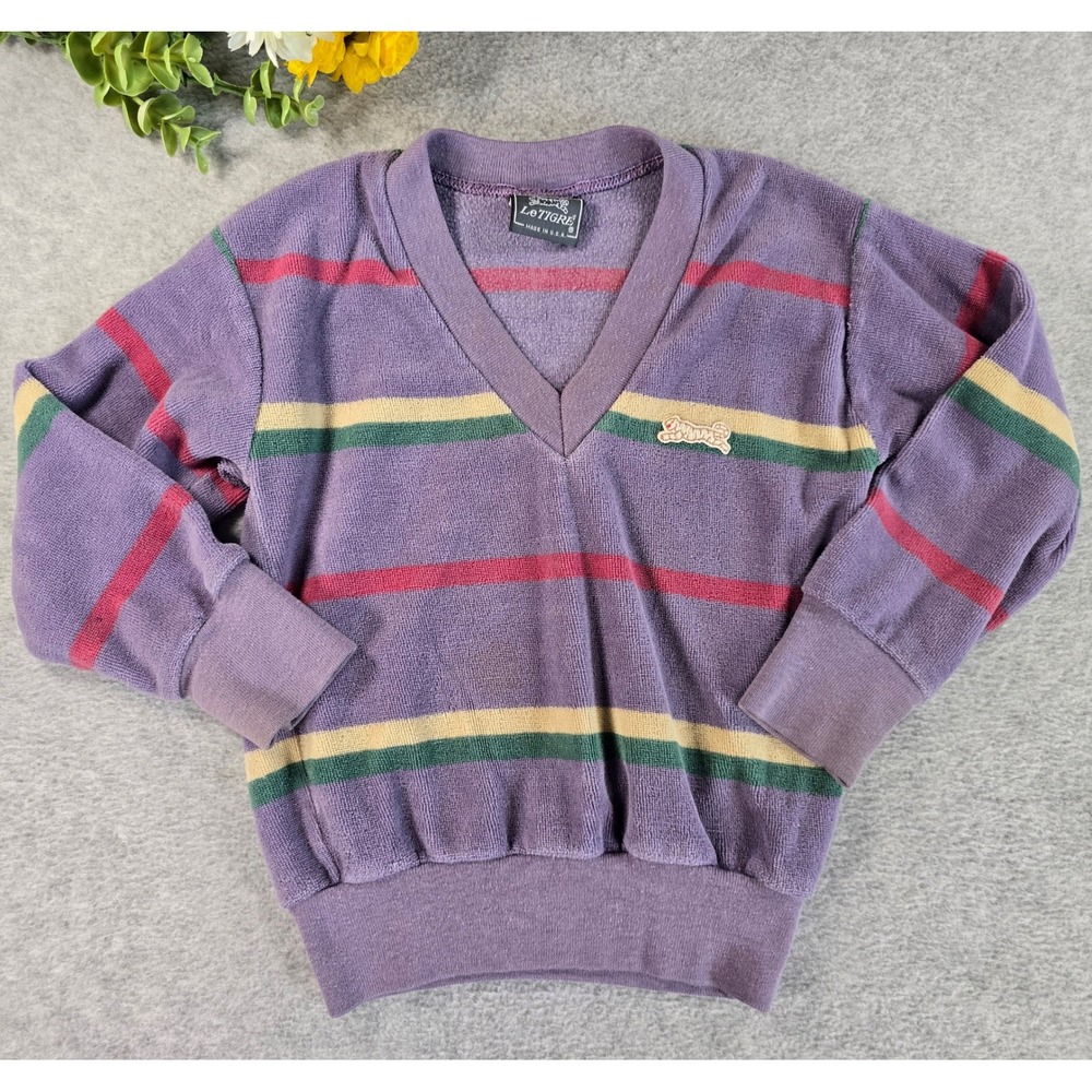 Le Tigre V-Neck Pullover Kids 4T Purple Striped Terry Cloth Vintage 80s USA